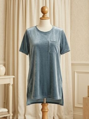 Velvet Blue Gray Tunic, Brand Z Avenue. Asymmetrical Hemline. Size Small